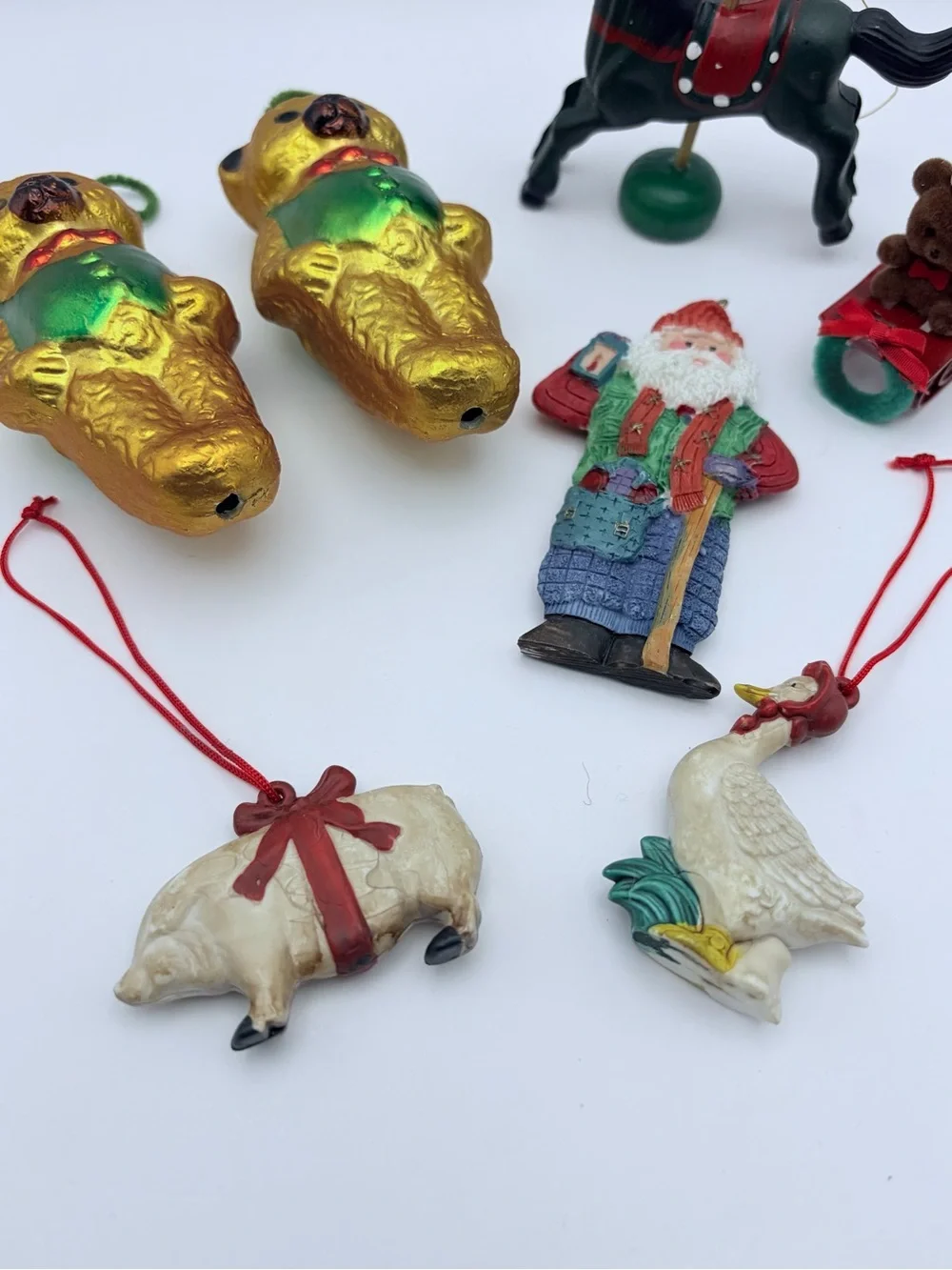 Vintage 6 Assorted Christmas Ornaments Bears Horse Farm Animals Santa Bear